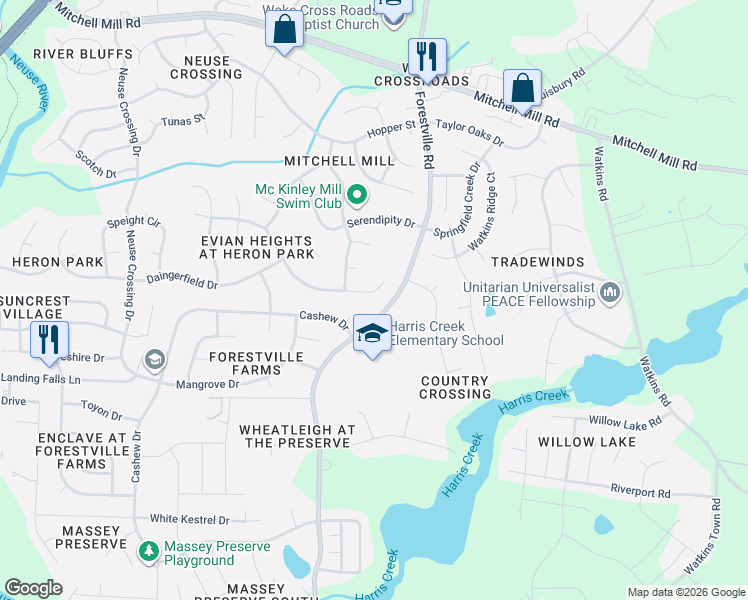 map of restaurants, bars, coffee shops, grocery stores, and more near 3620 Dewing Drive in Raleigh