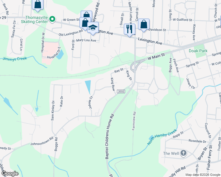 map of restaurants, bars, coffee shops, grocery stores, and more near 8 King Row in Thomasville