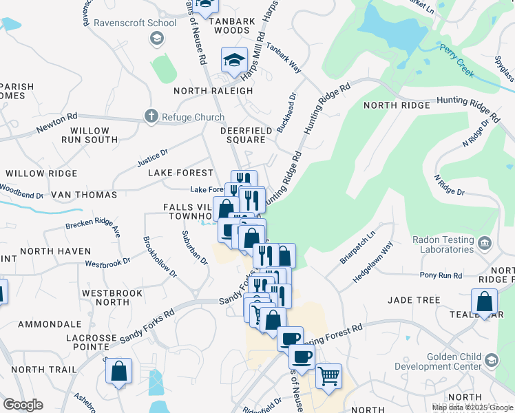 map of restaurants, bars, coffee shops, grocery stores, and more near 1011 Hunting Ridge Rd in Raleigh