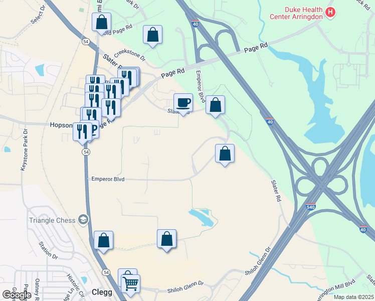 map of restaurants, bars, coffee shops, grocery stores, and more near 4309 Emperor Boulevard in Durham