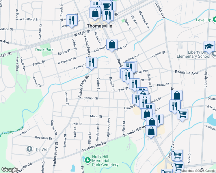 map of restaurants, bars, coffee shops, grocery stores, and more near 200 Rodelia Street in Thomasville