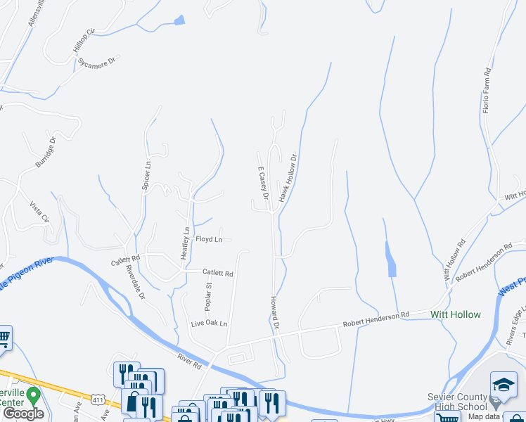 map of restaurants, bars, coffee shops, grocery stores, and more near 723 West Casey Drive in Sevierville