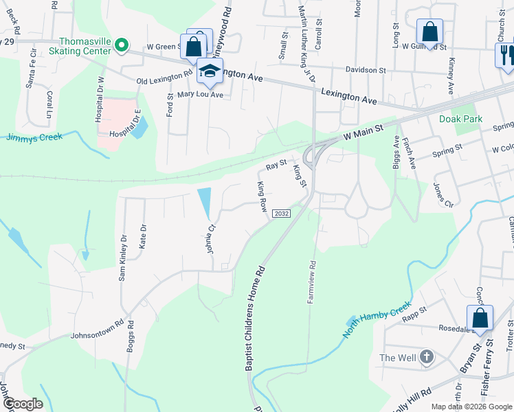 map of restaurants, bars, coffee shops, grocery stores, and more near 8 King Row in Thomasville