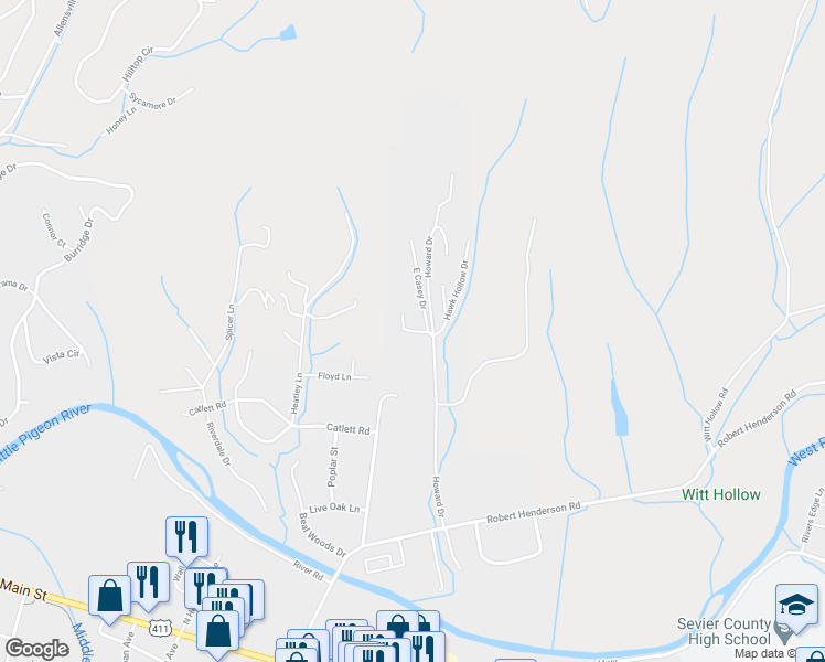map of restaurants, bars, coffee shops, grocery stores, and more near 739 West Casey Drive in Sevierville