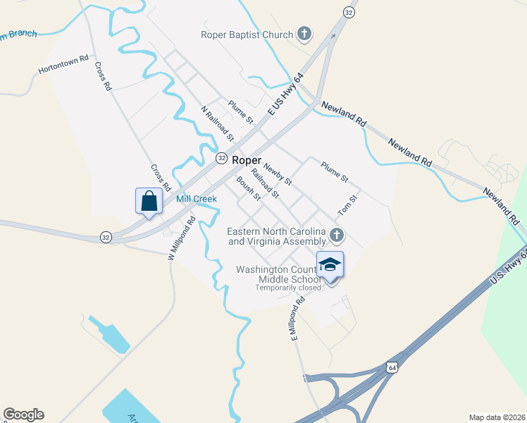 map of restaurants, bars, coffee shops, grocery stores, and more near 303 Boush St in Roper