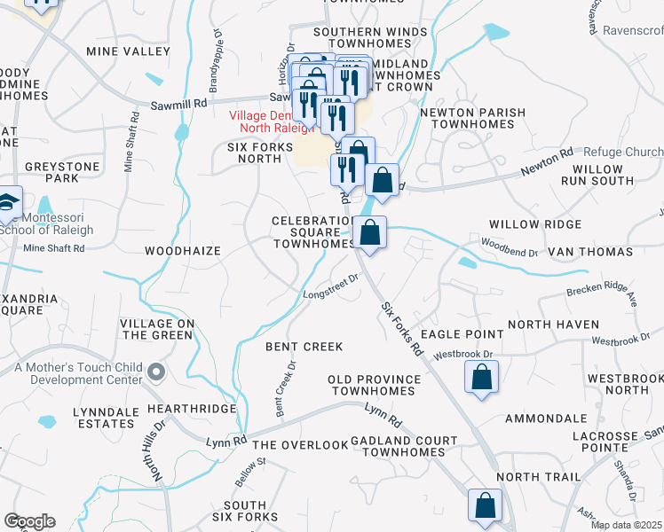 map of restaurants, bars, coffee shops, grocery stores, and more near 7104 Longstreet Drive in Raleigh