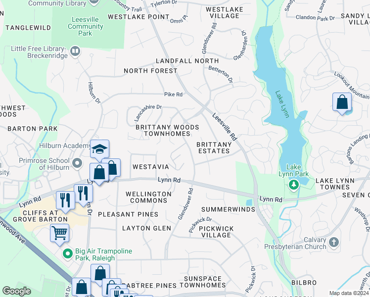 map of restaurants, bars, coffee shops, grocery stores, and more near 6920 Glendower Road in Raleigh
