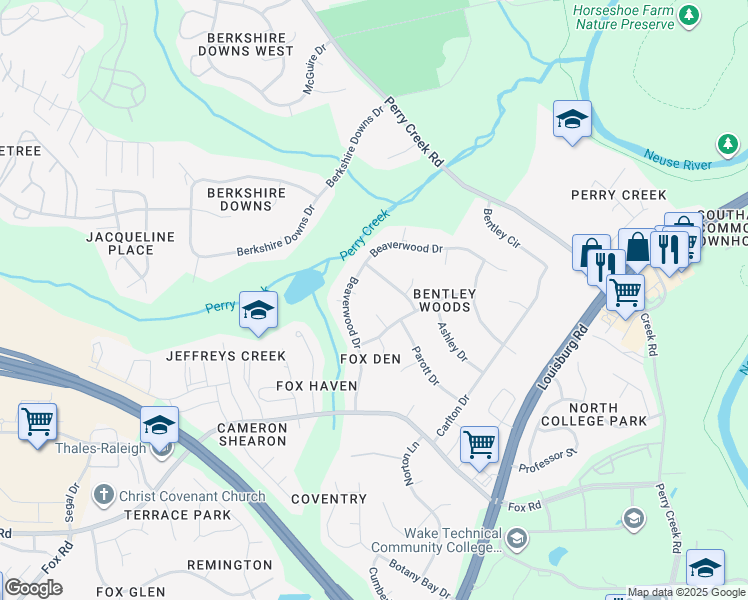 map of restaurants, bars, coffee shops, grocery stores, and more near 7408 Garrett Court in Raleigh