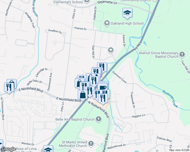 map of restaurants, bars, coffee shops, grocery stores, and more near 2095 Lascassas Pike in Murfreesboro