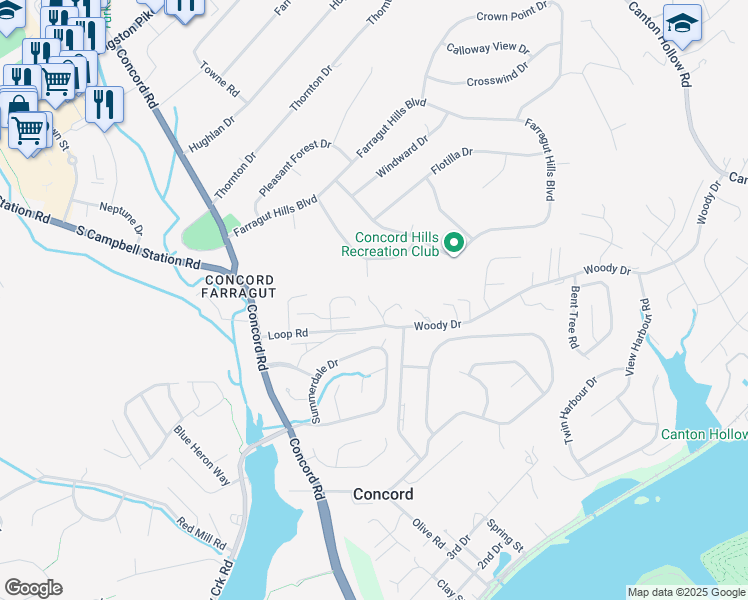 map of restaurants, bars, coffee shops, grocery stores, and more near 554 Loop Road in Knoxville