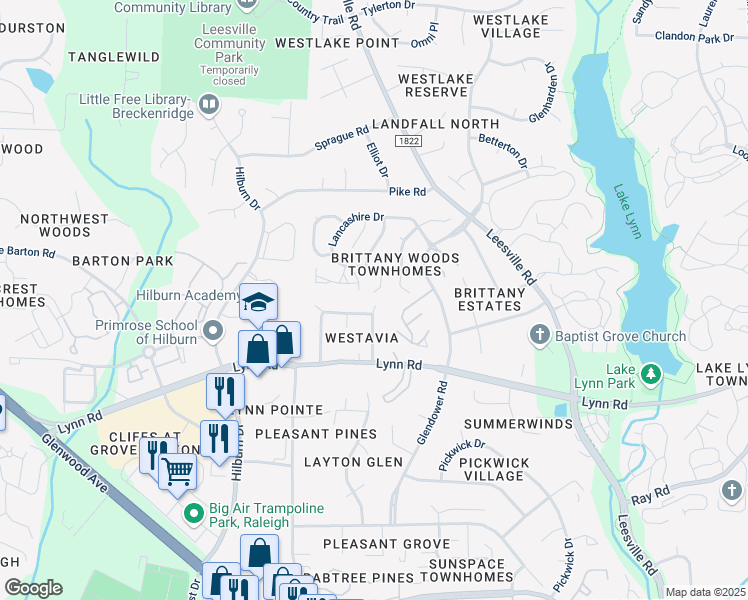 map of restaurants, bars, coffee shops, grocery stores, and more near 6940 Spring Drive in Raleigh