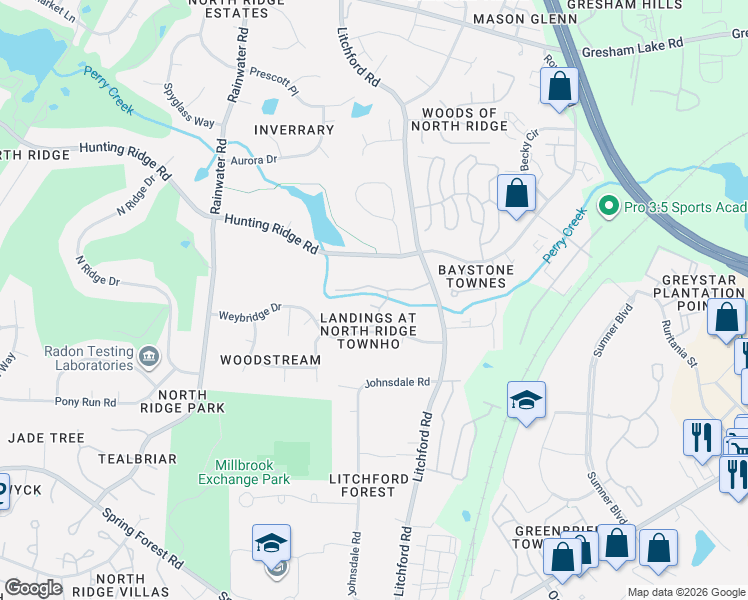 map of restaurants, bars, coffee shops, grocery stores, and more near 6916 Hunters Way in Raleigh