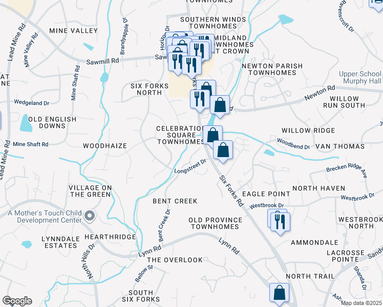 map of restaurants, bars, coffee shops, grocery stores, and more near 7012 Longstreet Drive in Raleigh