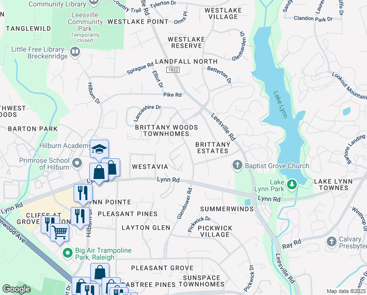 map of restaurants, bars, coffee shops, grocery stores, and more near 6920 Glendower Road in Raleigh