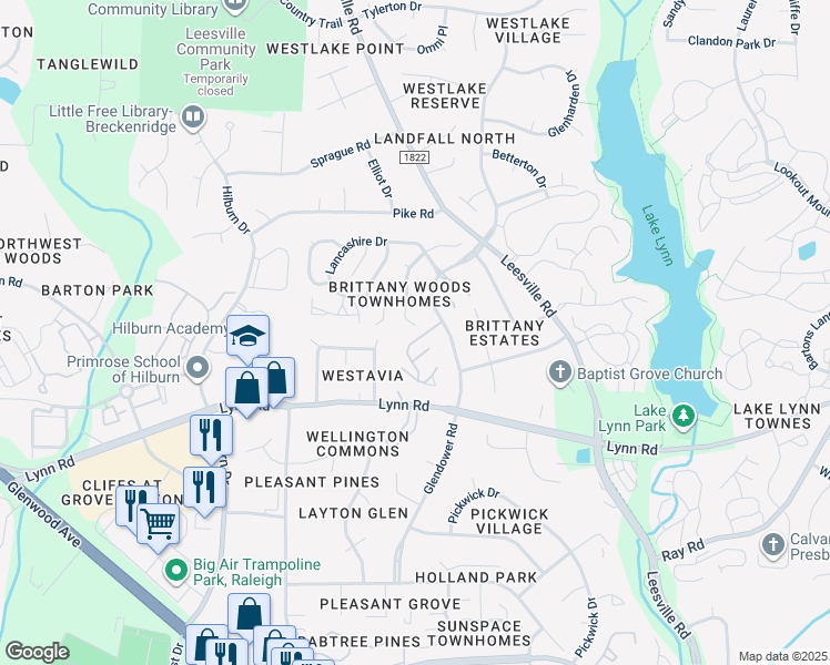 map of restaurants, bars, coffee shops, grocery stores, and more near 6905 Sandringham Drive in Raleigh