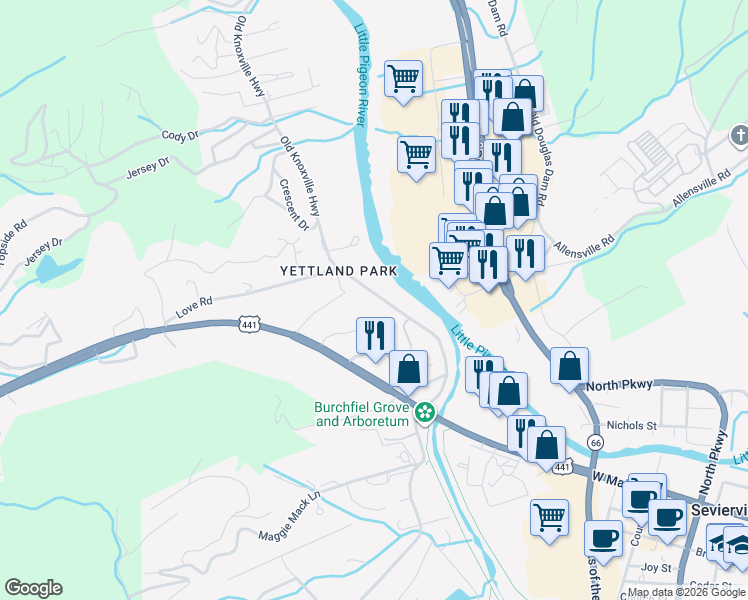 map of restaurants, bars, coffee shops, grocery stores, and more near 19a Old Knoxville Highway in Sevierville