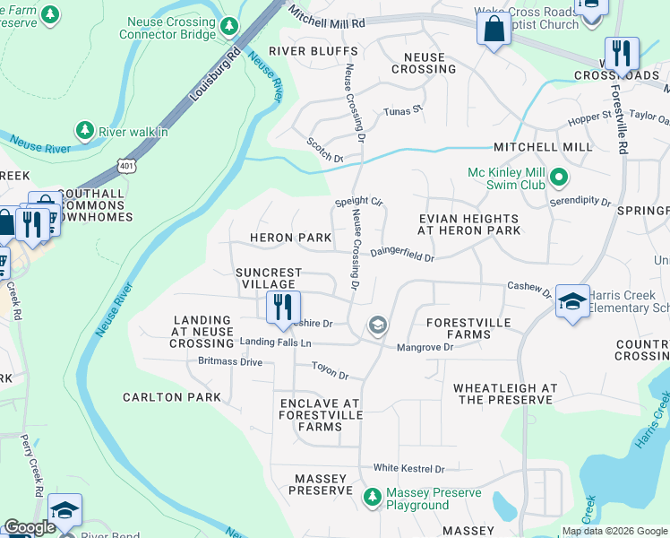 map of restaurants, bars, coffee shops, grocery stores, and more near 6531 Grassy Knoll Lane in Raleigh