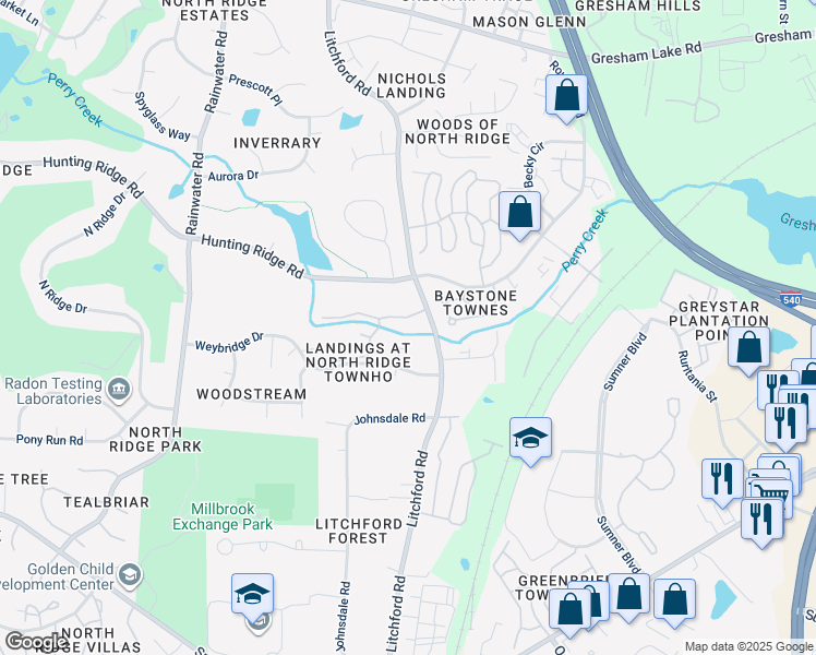 map of restaurants, bars, coffee shops, grocery stores, and more near 2208 Landings Way in Raleigh