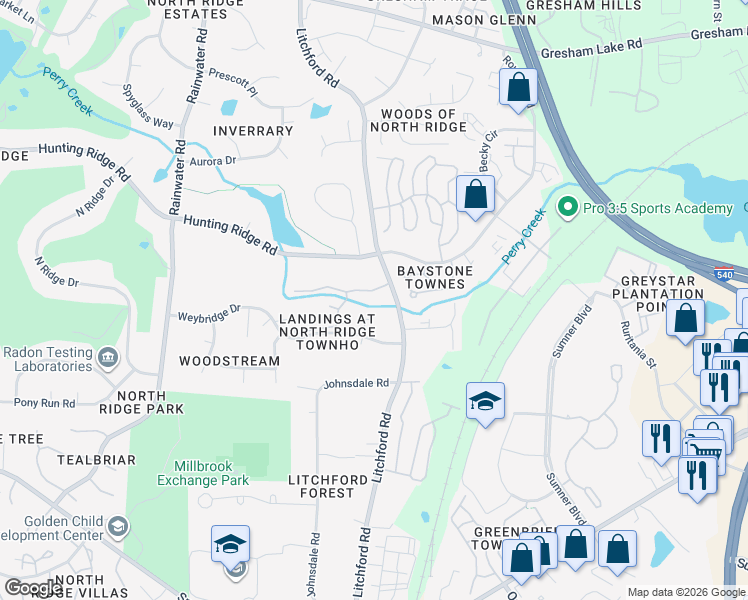 map of restaurants, bars, coffee shops, grocery stores, and more near 2208 Landings Way in Raleigh