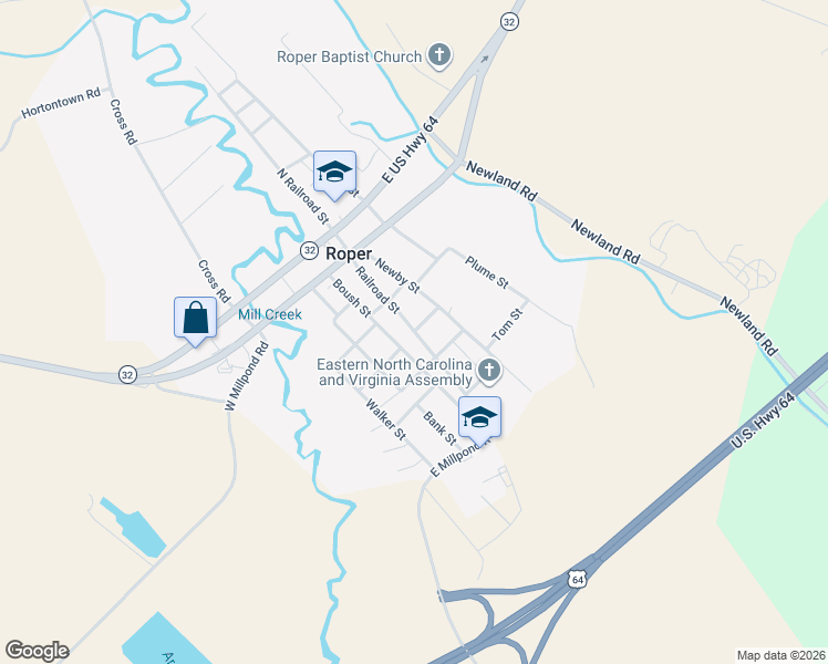 map of restaurants, bars, coffee shops, grocery stores, and more near Railroad Street in Roper