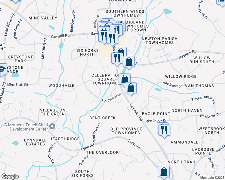 map of restaurants, bars, coffee shops, grocery stores, and more near 7104 Longstreet Drive in Raleigh