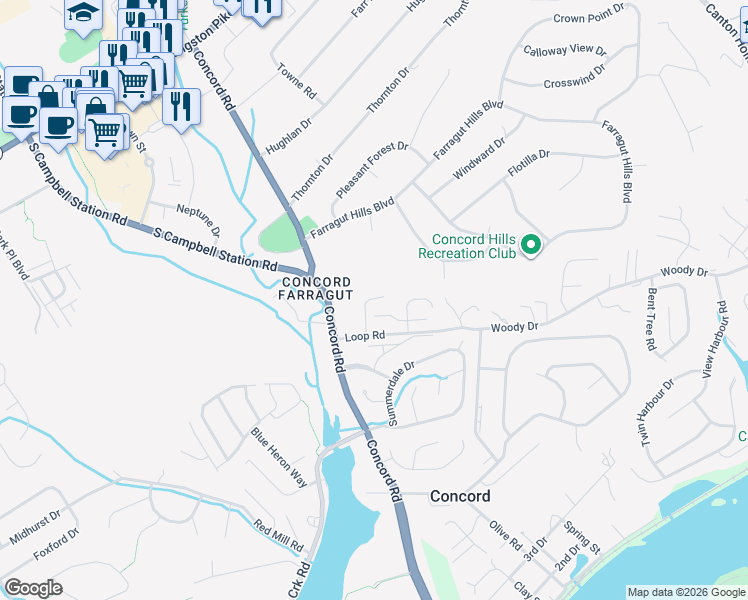 map of restaurants, bars, coffee shops, grocery stores, and more near 512 Loop Road in Knoxville