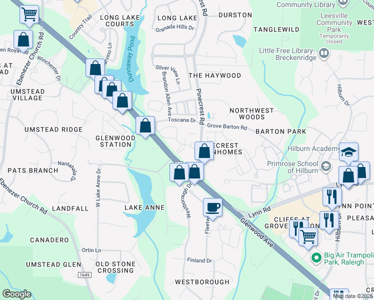 map of restaurants, bars, coffee shops, grocery stores, and more near 8117 Green Lantern Street in Raleigh