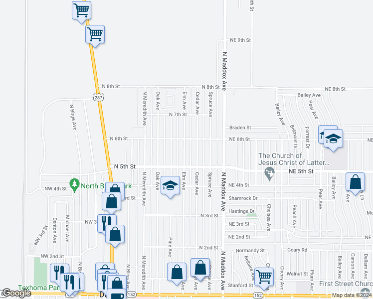 map of restaurants, bars, coffee shops, grocery stores, and more near 510 Elm Avenue in Dumas