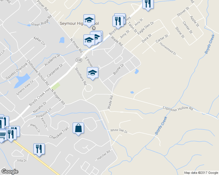 map of restaurants, bars, coffee shops, grocery stores, and more near 242 South Pitner Road in Seymour