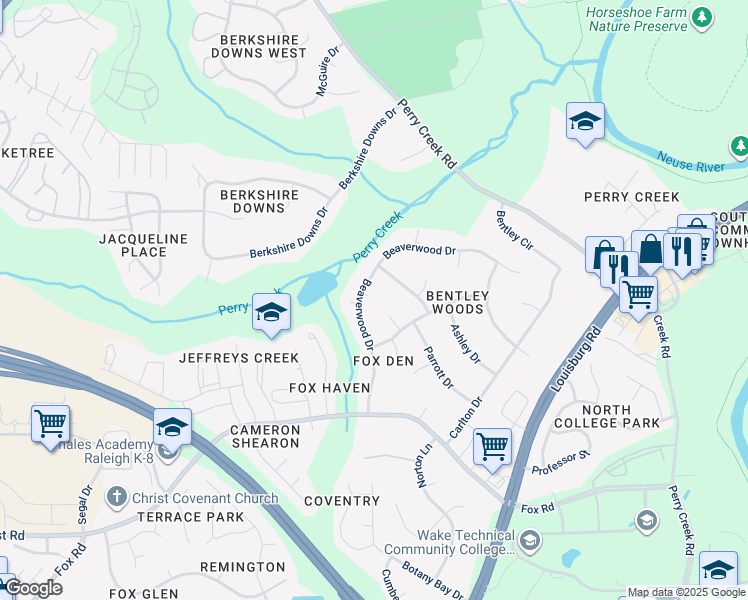 map of restaurants, bars, coffee shops, grocery stores, and more near 7408 Garrett Court in Raleigh