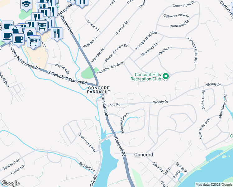 map of restaurants, bars, coffee shops, grocery stores, and more near 512 Loop Road in Knoxville