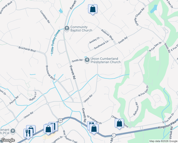 map of restaurants, bars, coffee shops, grocery stores, and more near 12401 Camdenbridge Drive in Knoxville