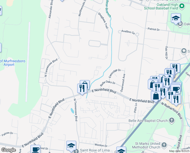 map of restaurants, bars, coffee shops, grocery stores, and more near 2032 Empress Drive in Murfreesboro
