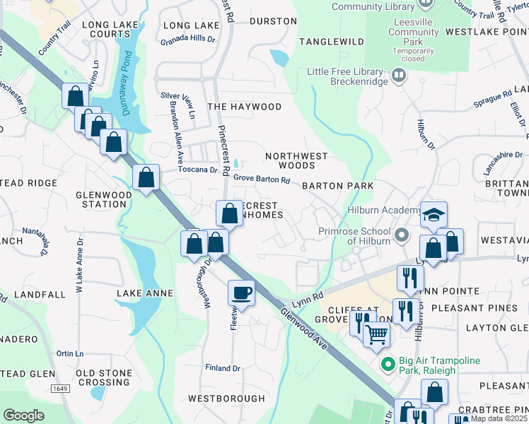 map of restaurants, bars, coffee shops, grocery stores, and more near 5409 Bayside Court in Raleigh