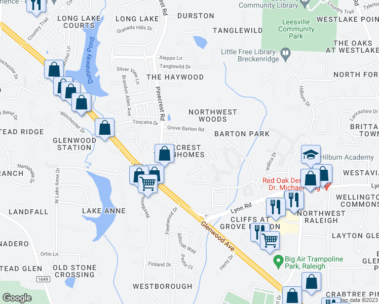 map of restaurants, bars, coffee shops, grocery stores, and more near 5409 Bayside Court in Raleigh