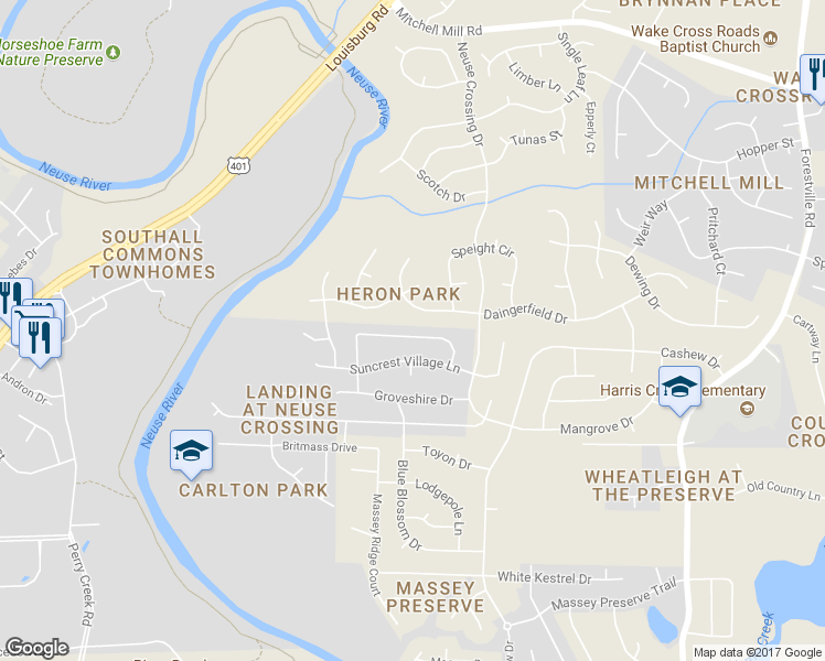 map of restaurants, bars, coffee shops, grocery stores, and more near 6503 Grassy Knoll Lane in Raleigh