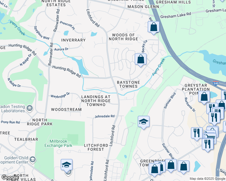 map of restaurants, bars, coffee shops, grocery stores, and more near 2216 Landings Way in Raleigh