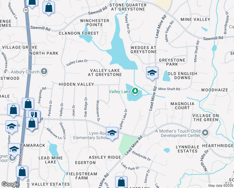 map of restaurants, bars, coffee shops, grocery stores, and more near 6912 Fernhill Lane in Raleigh