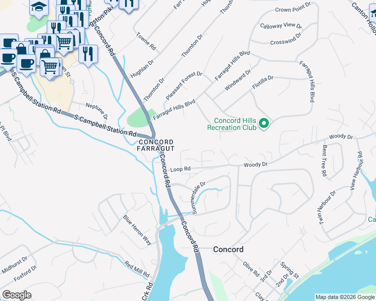 map of restaurants, bars, coffee shops, grocery stores, and more near 512 Loop Road in Knoxville