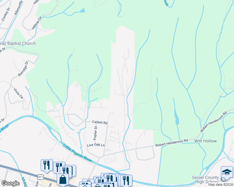 map of restaurants, bars, coffee shops, grocery stores, and more near 721 West Casey Drive in Sevierville