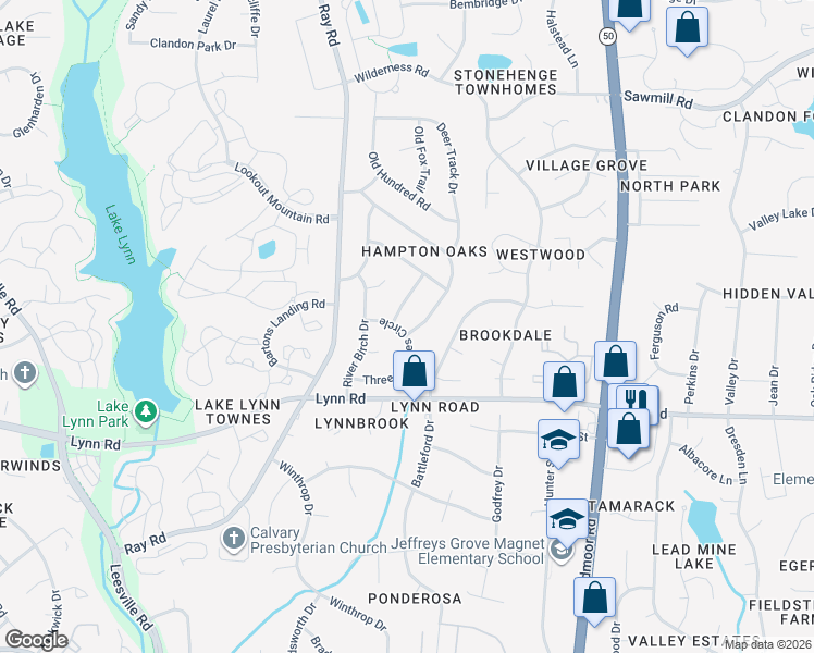 map of restaurants, bars, coffee shops, grocery stores, and more near 7000 Three Bridges Circle in Raleigh