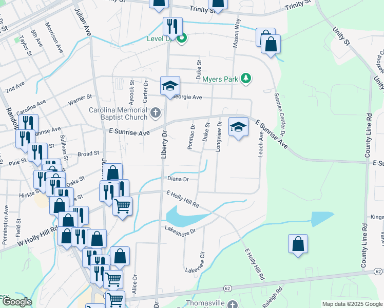 map of restaurants, bars, coffee shops, grocery stores, and more near 604 Pontiac Drive in Thomasville
