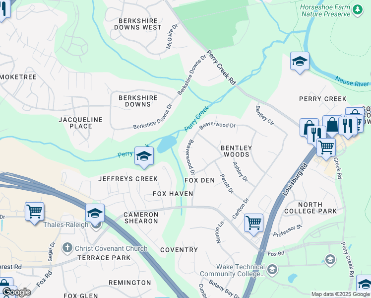 map of restaurants, bars, coffee shops, grocery stores, and more near 7209 Vixen Court in Raleigh