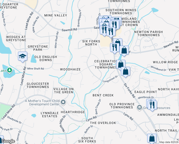 map of restaurants, bars, coffee shops, grocery stores, and more near 7308 Longstreet Drive in Raleigh