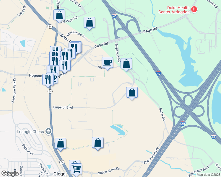 map of restaurants, bars, coffee shops, grocery stores, and more near 4309 Emperor Boulevard in Durham