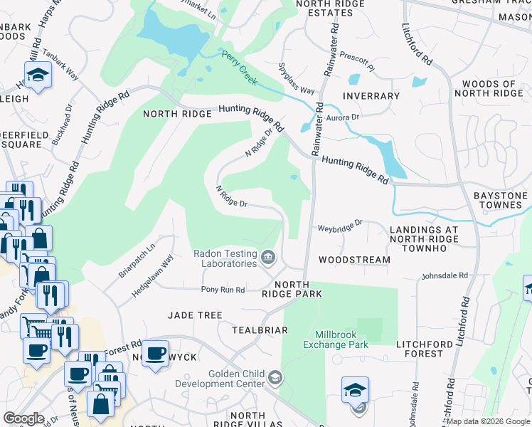 map of restaurants, bars, coffee shops, grocery stores, and more near 7001 North Ridge Drive in Raleigh