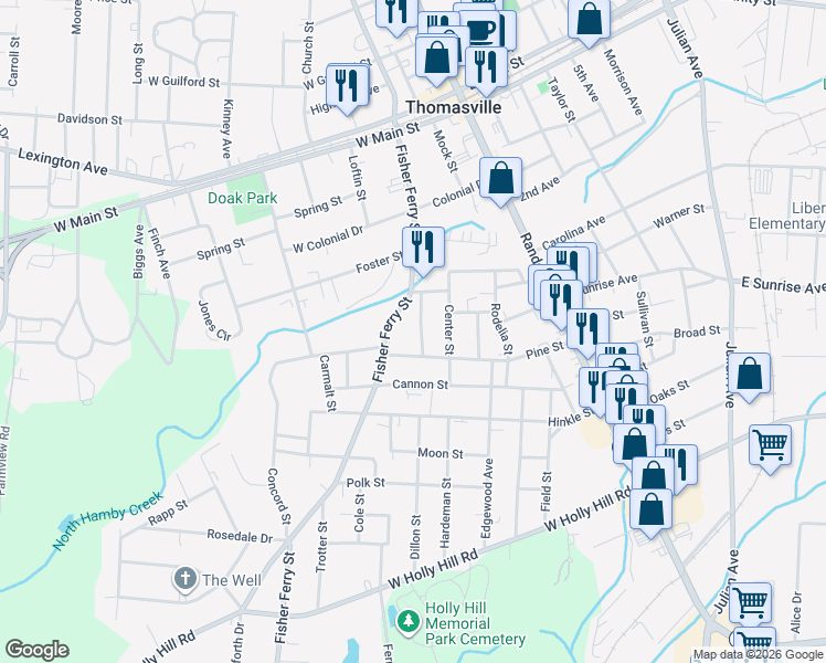 map of restaurants, bars, coffee shops, grocery stores, and more near 312 Worrell Street in Thomasville