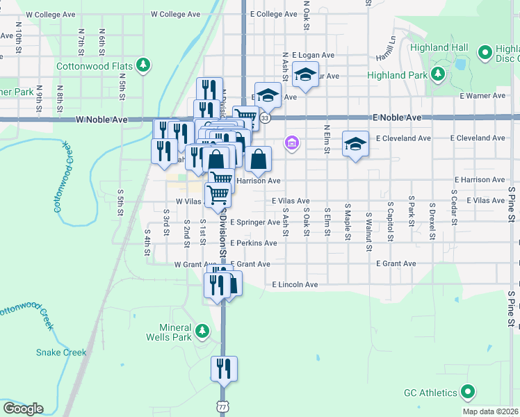 map of restaurants, bars, coffee shops, grocery stores, and more near 213 East Vilas Avenue in Guthrie