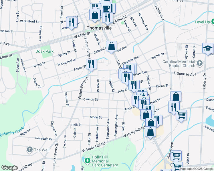 map of restaurants, bars, coffee shops, grocery stores, and more near 307 Skiles Heights in Thomasville