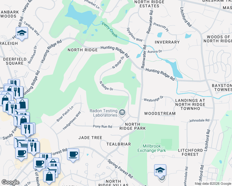 map of restaurants, bars, coffee shops, grocery stores, and more near 7001 North Ridge Drive in Raleigh